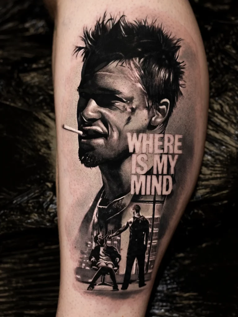 Fight-Club-Tattoo von Chris Block – Tyler-Durden-Porträt, Black and Grey Realism